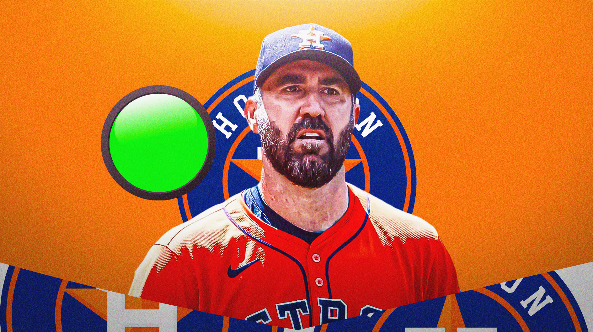 Justin Verlander next to a green light in front of a Houston Astros logo