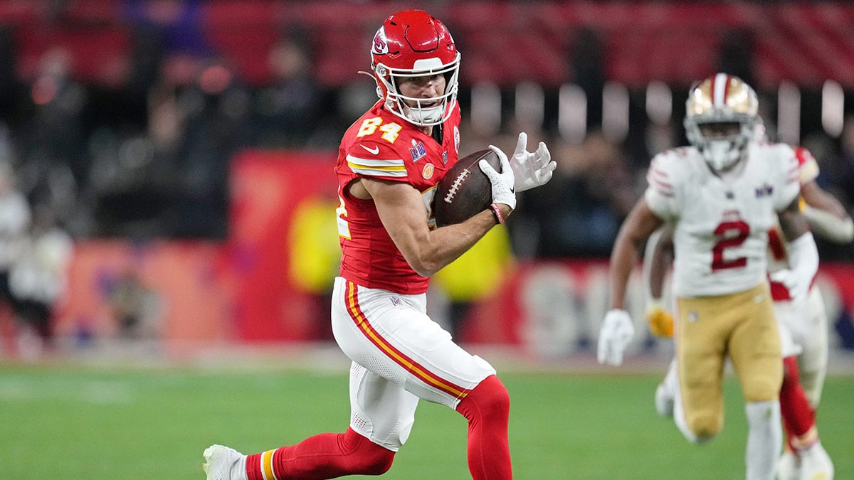 Kansas City Chiefs wide receiver Justin Watson (84) makes a catch against the Kansas City Chiefs during the fourth quarter of Super Bowl LVIII at Allegiant Stadium.