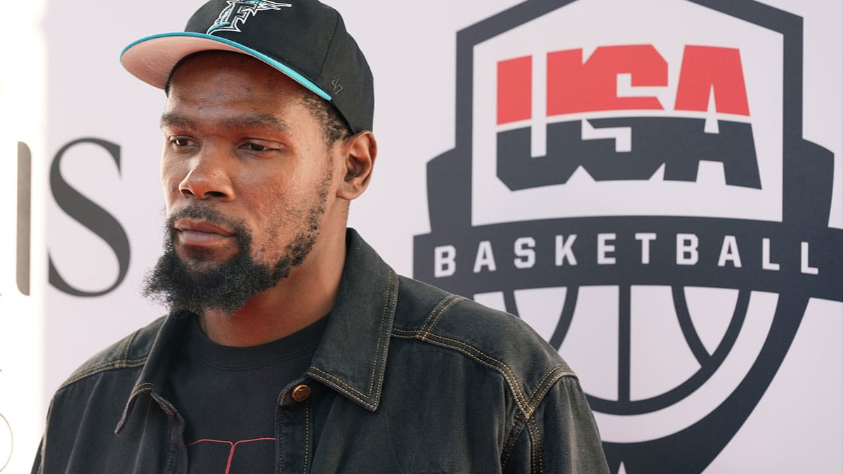 United States guard Kevin Durant poses for a photograph during the Paris 2024 Olympic Summer Games at Team USA House. 