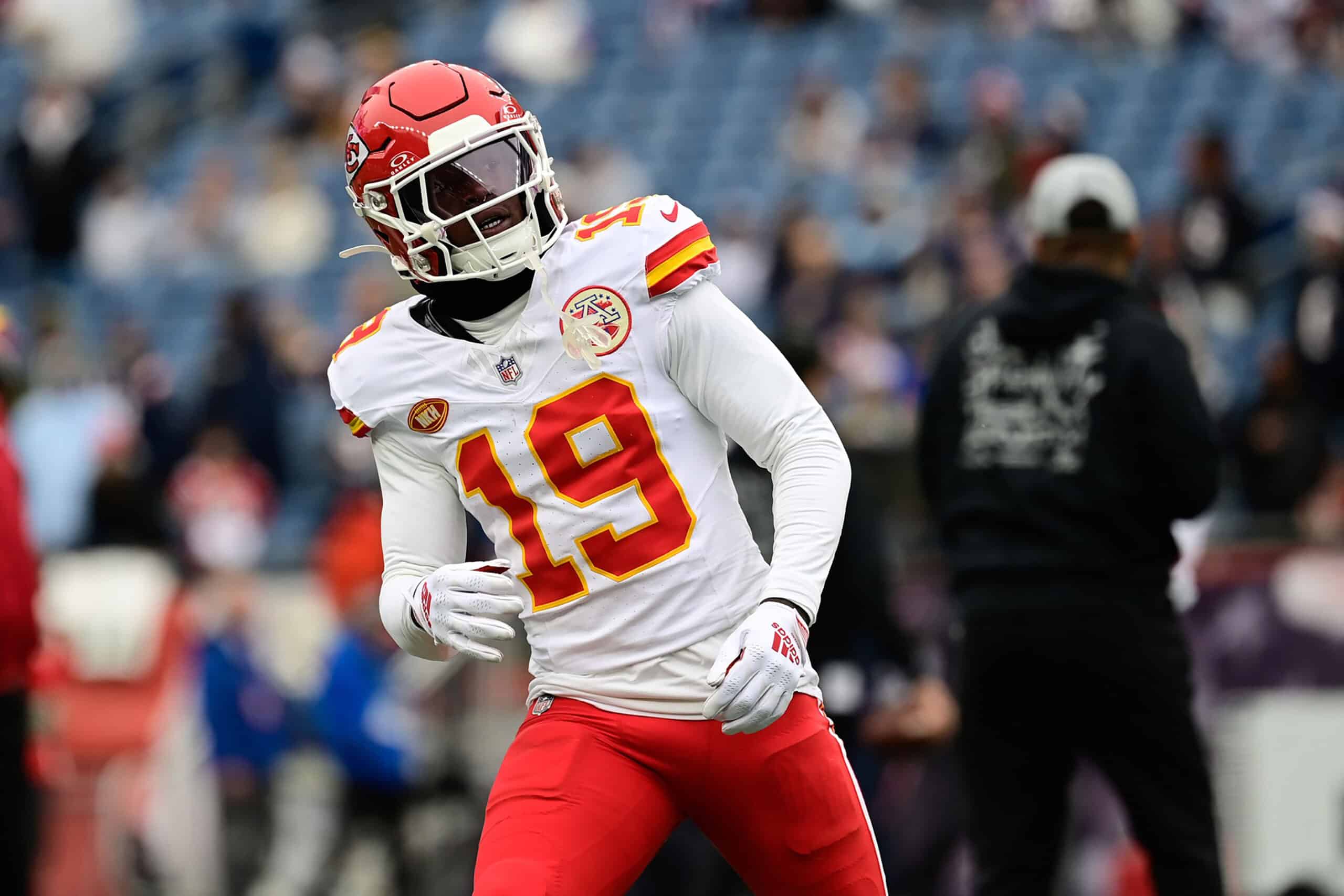 Kansas City Chiefs wide receiver Kadarius Toney (19) warms up before a game against the New England Patriots at Gillette Stadium. Mandatory