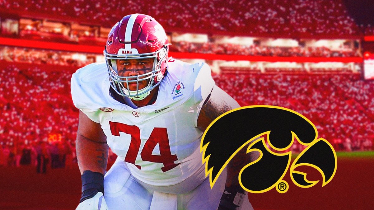 Alabama football, Crimson Tide, Kadyn Proctor, Kadyn Proctor transfer, Iowa football, Kadyn Proctor in Alabama uni with Iowa logo on graphic, Alabama football stadium in the background