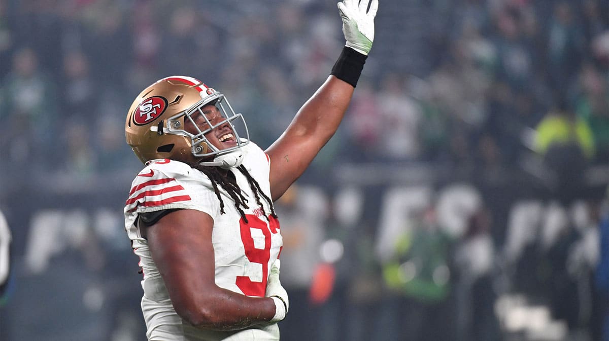 San Francisco 49ers defensive tackle Kalia Davis (93) celebrates his sack against the Philadelphia Eagles during the fourth quarter at Lincoln Financial Field.