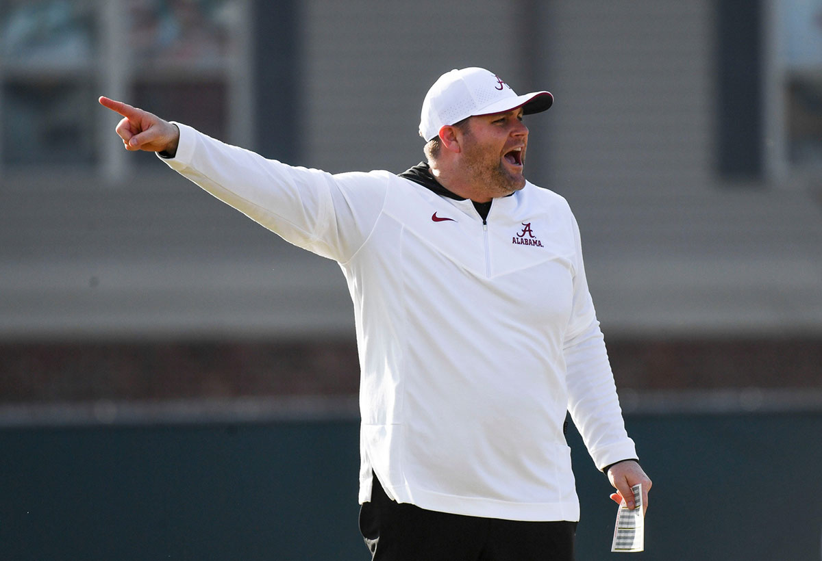 Defensive coordinator Kane Wommack gives directions during practice of the Alabama Crimson Tide football team Wednesday