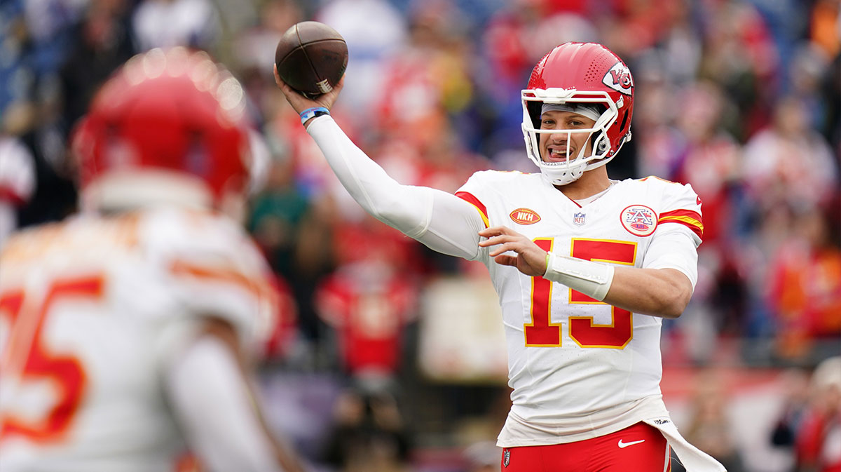 Kansas City Chiefs quarterback Patrick Mahomes (15) warms up before the game against the New England Patriots at Gillette Stadium.