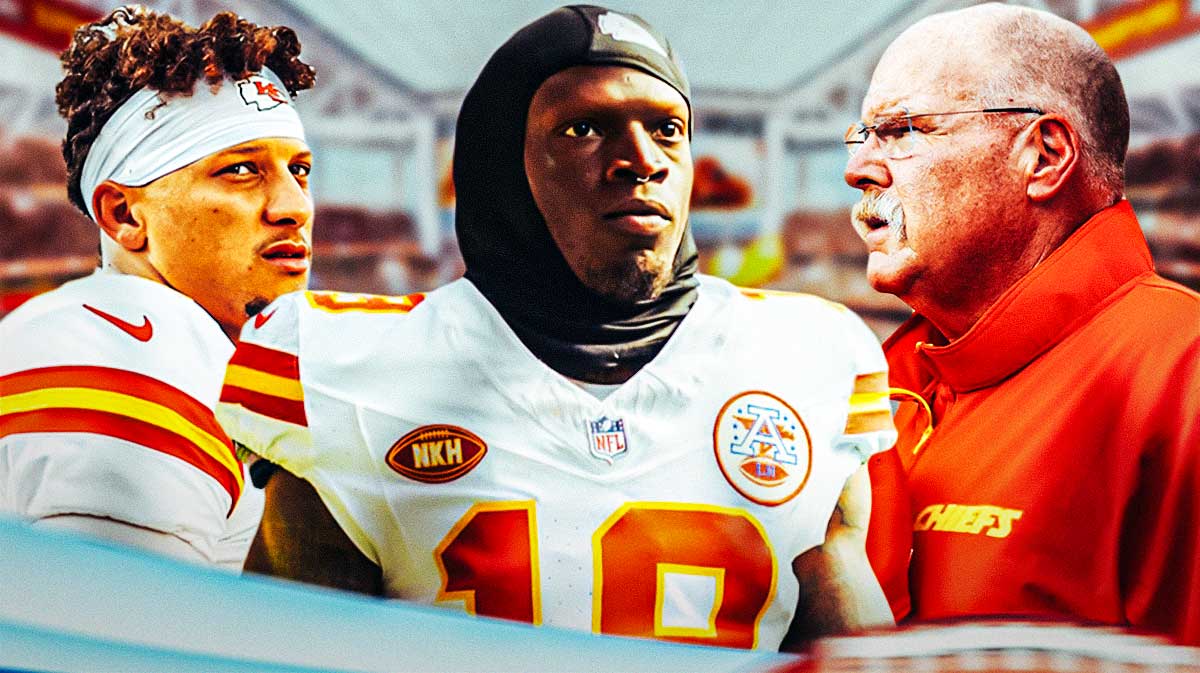 Chiefs Patrick Mahomes on left, Chiefs Andy Reid on right. Place Chiefs Kadarius Toney in middle looking upset/serious. (MAKE SURE NOBODY IS SMILING IN IMAGE)