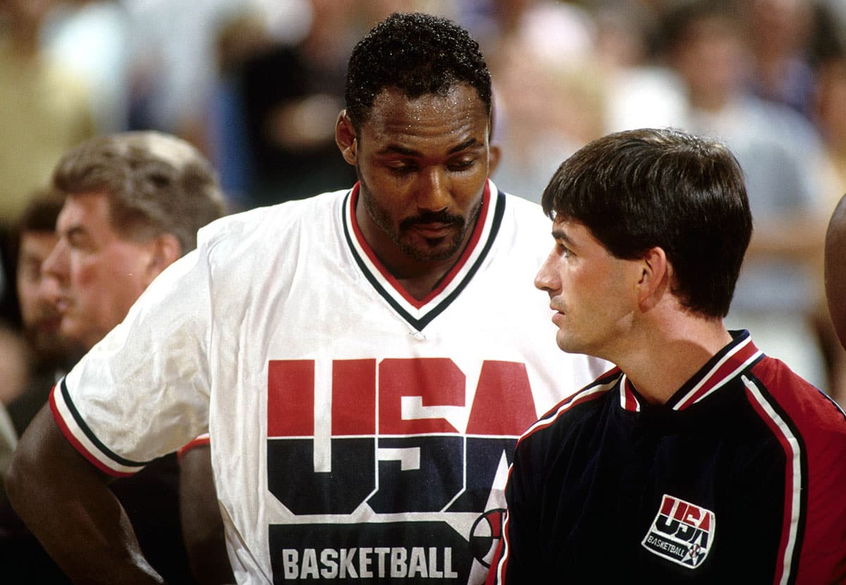 USA dream team forward Karl Malone (left) and John Stockton (right) against Canada during the 1992 Tournament of the Americas at Memorial Coliseum.