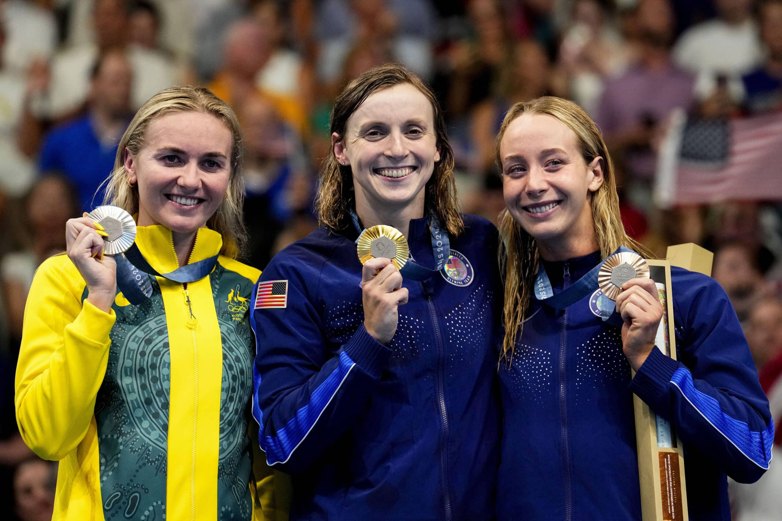 Ariarne Titmus (Australia), Katie Ledecky (USA) and Paige Madden (USA) in the women’s 800-meter freestyle medal ceremony during the Paris 2024 Olympic Summer Games at Paris La Défense Arena.