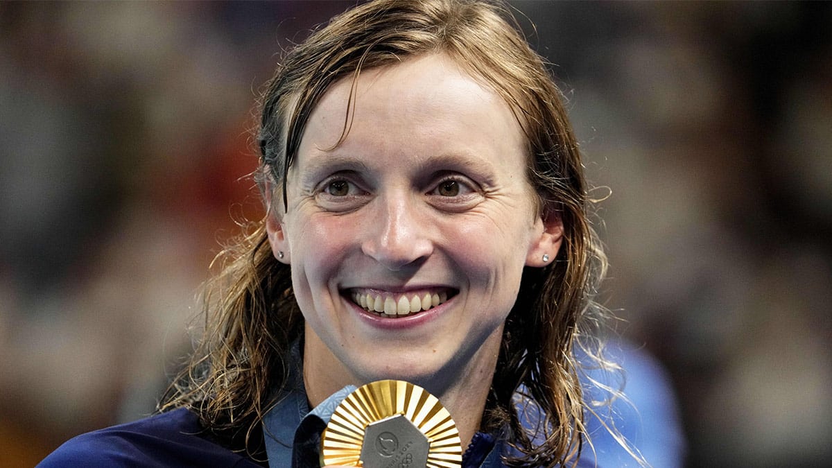 Katie Ledecky (USA) in the women’s 1,500-meter freestyle medal ceremony during the Paris 2024 Olympic Summer Games at Paris La Défense Arena.