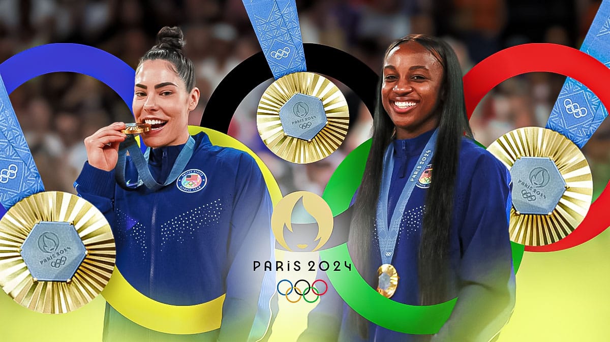 Aces Kelsey Plum and Jackie Young at the Olympics surrounded by gold medals