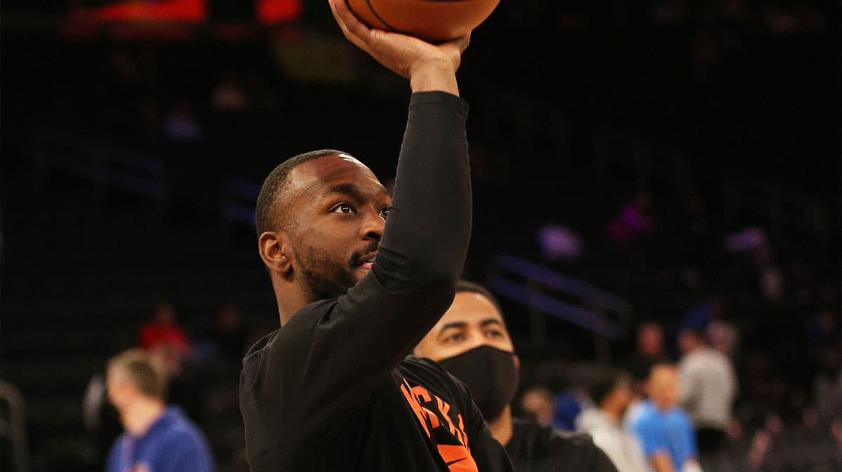 New York Knicks guard Kemba Walker (8) takes a shot during warmups prior to the game against the Oklahoma City Thunder at Madison Square Garden.