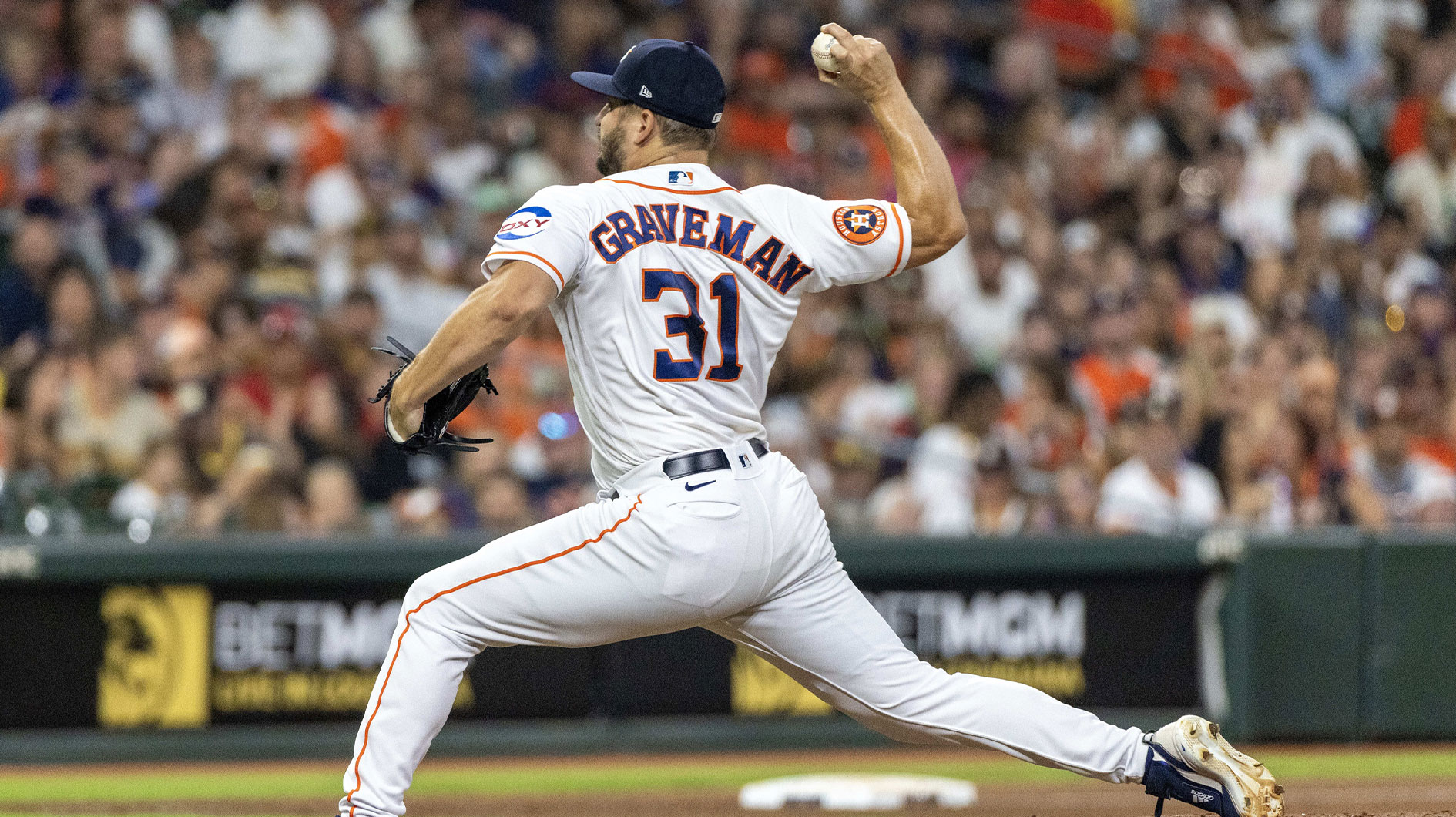 Sep 9, 2023; Houston, Texas, USA; Houston Astros relief pitcher Kendall Graveman (31) pitches against the San Diego Padres in the sixth inning at Minute Maid Park. 