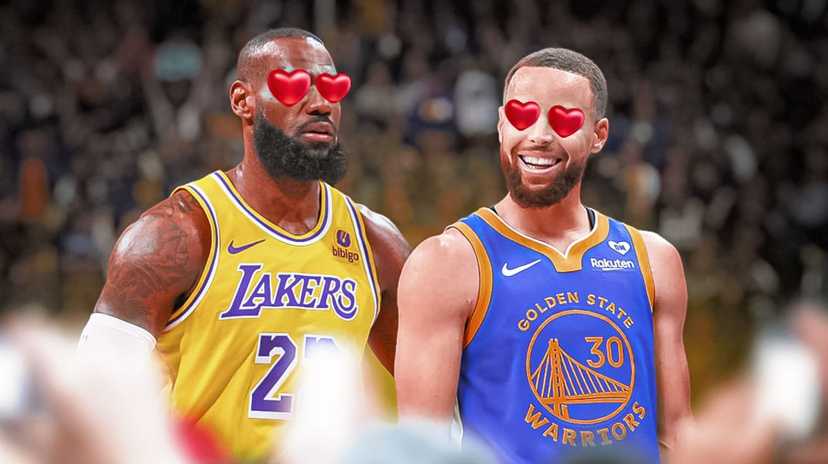 LeBron James and Steph Curry both looking at each other with hearts in their eyes featuring a Warriors themed background.