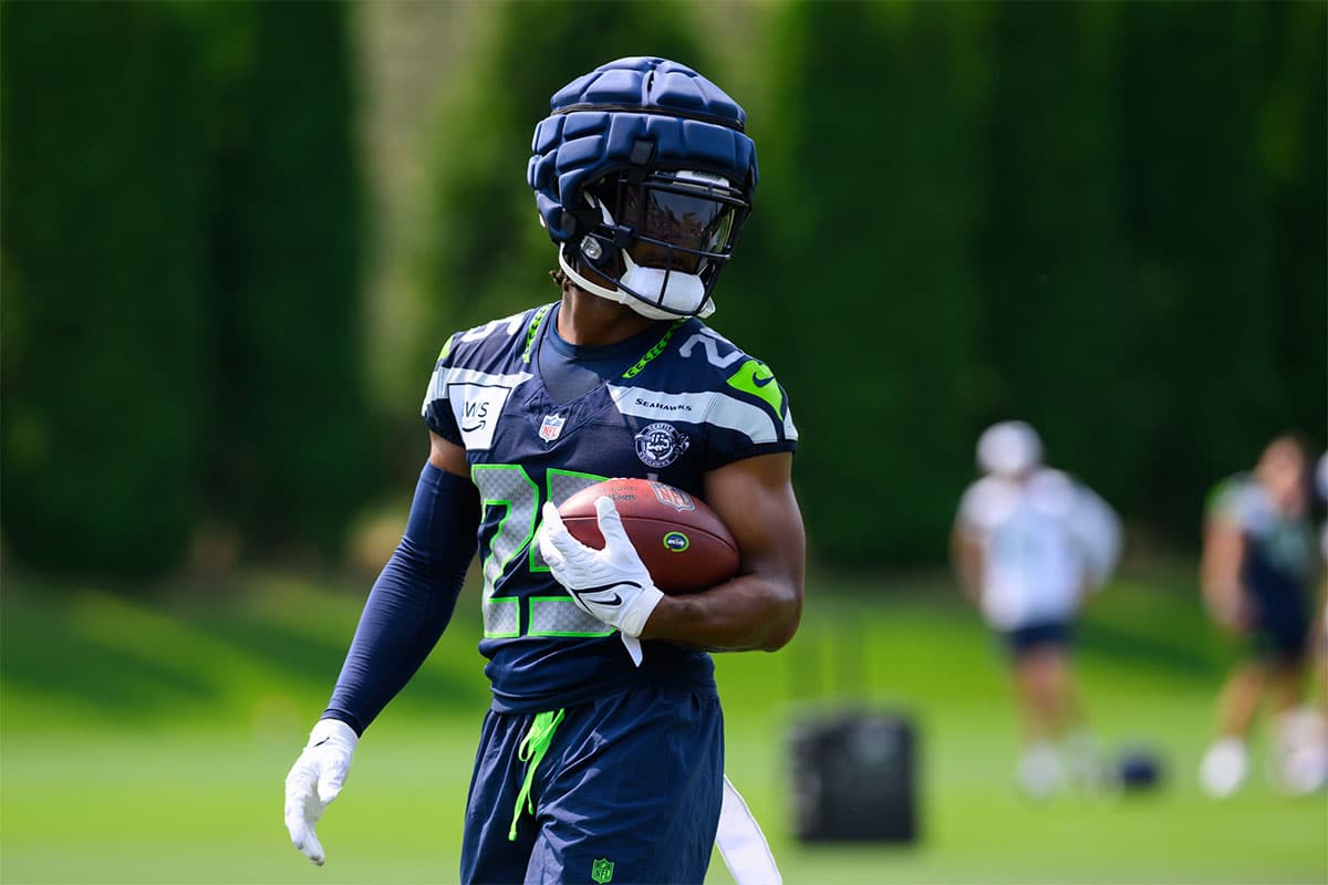 Jul 27, 2024; Renton, WA, USA; Seattle Seahawks running back Kenny McIntosh (25) during training camp at Virginia Mason Athletic Center.