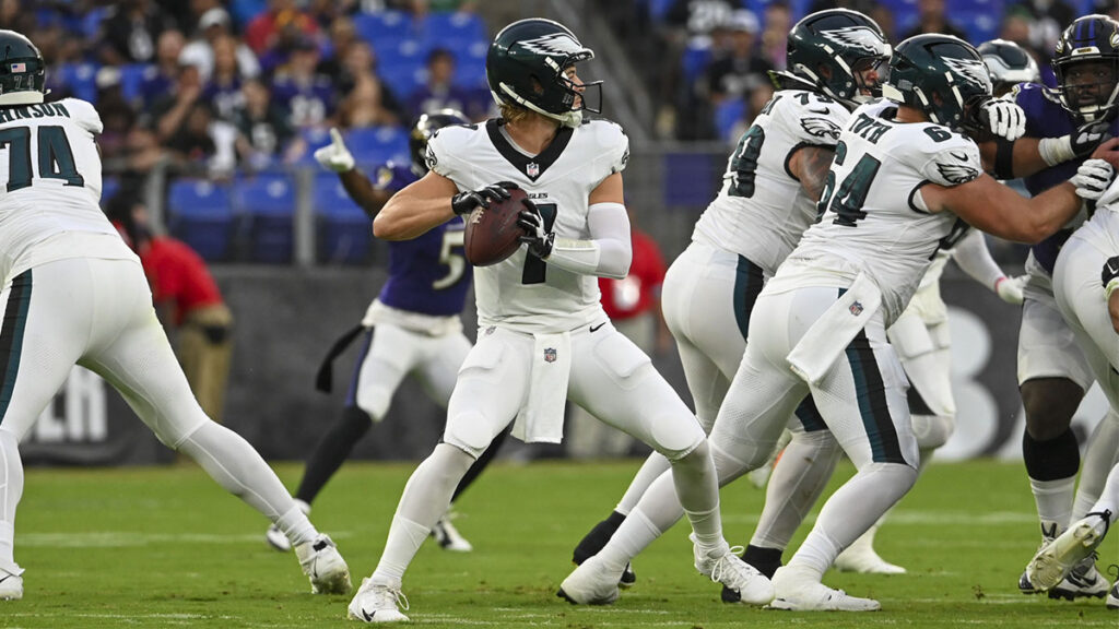 Philadelphia Eagles quarterback Kenny Pickett (7) looks to pass from the pocket during the first quarter of a preseason game against the Baltimore Ravens at M&T Bank Stadium. 