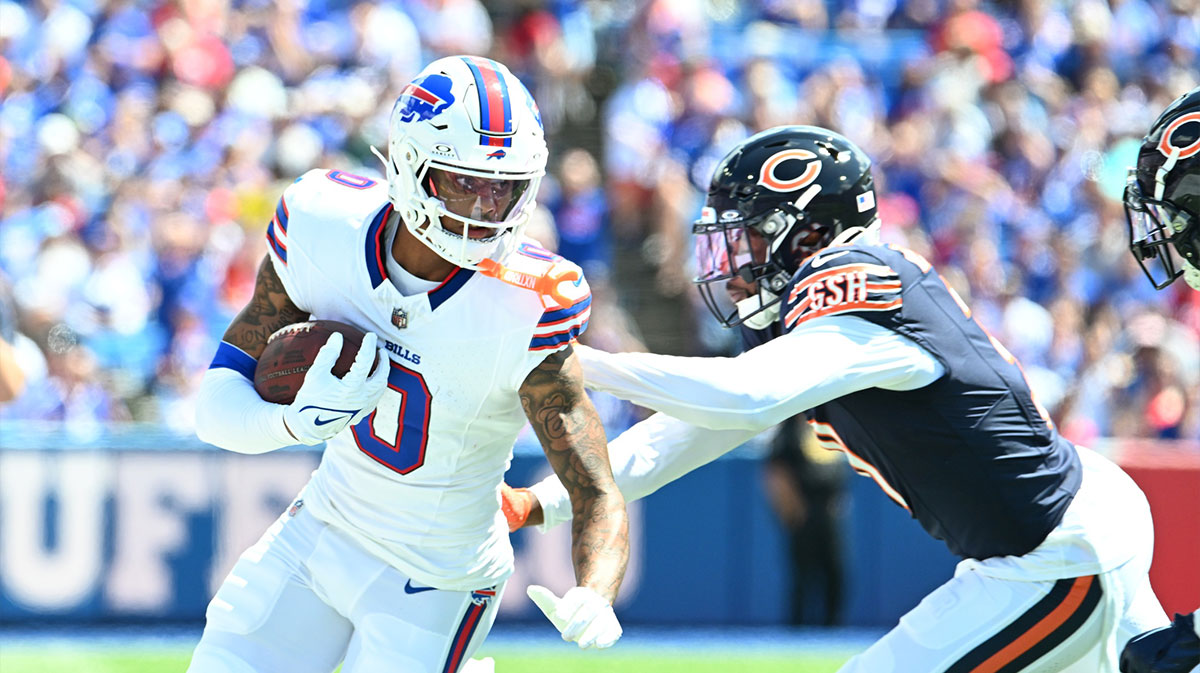 Buffalo Bills wide receiver Keon Coleman (0) is pushed out of bounds after catch in the second quarter of a pre-season game against the Chicago Bears at Highmark Stadium.