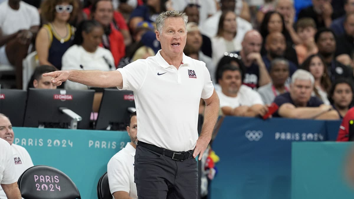 United States head coach Steve Kerr during the second quarter against Puerto Rico during the Paris 2024 Olympic Summer Games at Stade Pierre-Mauroy.