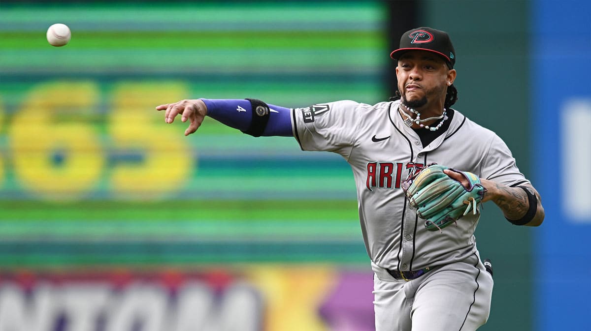 Arizona Diamondbacks second baseman Ketel Marte (4) throws out Cleveland Guardians shortstop Tyler Freeman (not pictured) during the first inning at Progressive Field.