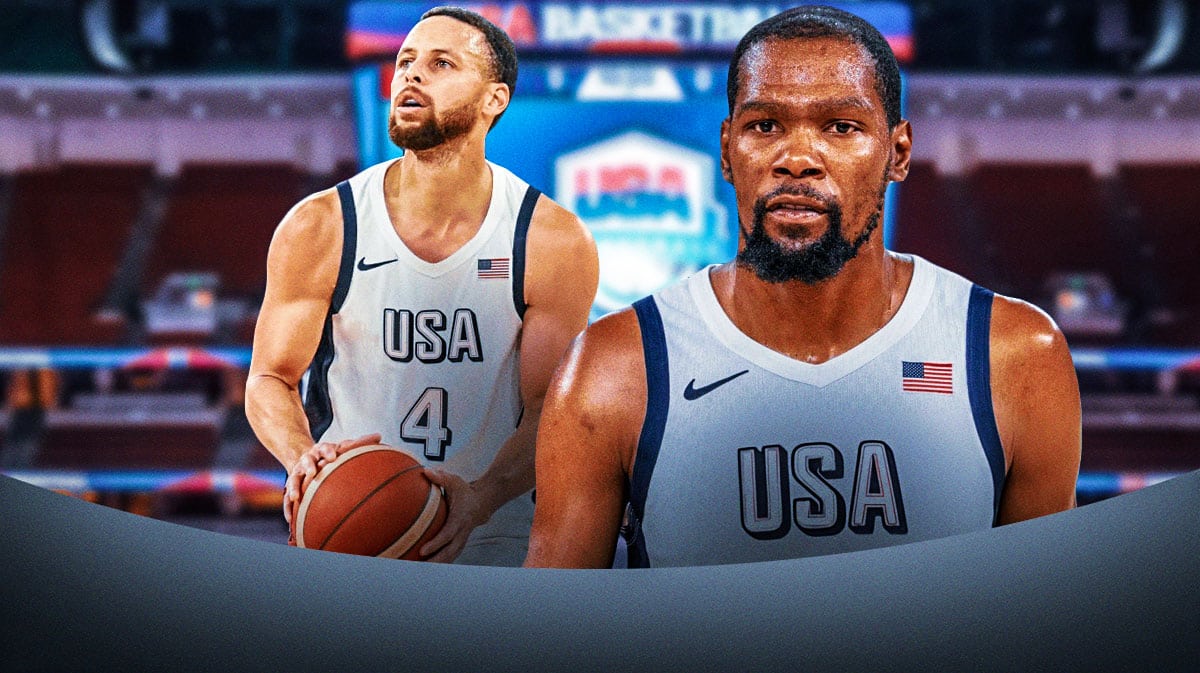 Kevin Durant and Stephen Curry both in Team USA uniforms in front smiling. In background, need Stephen Curry in a Team USA uniform shooting a basketball.