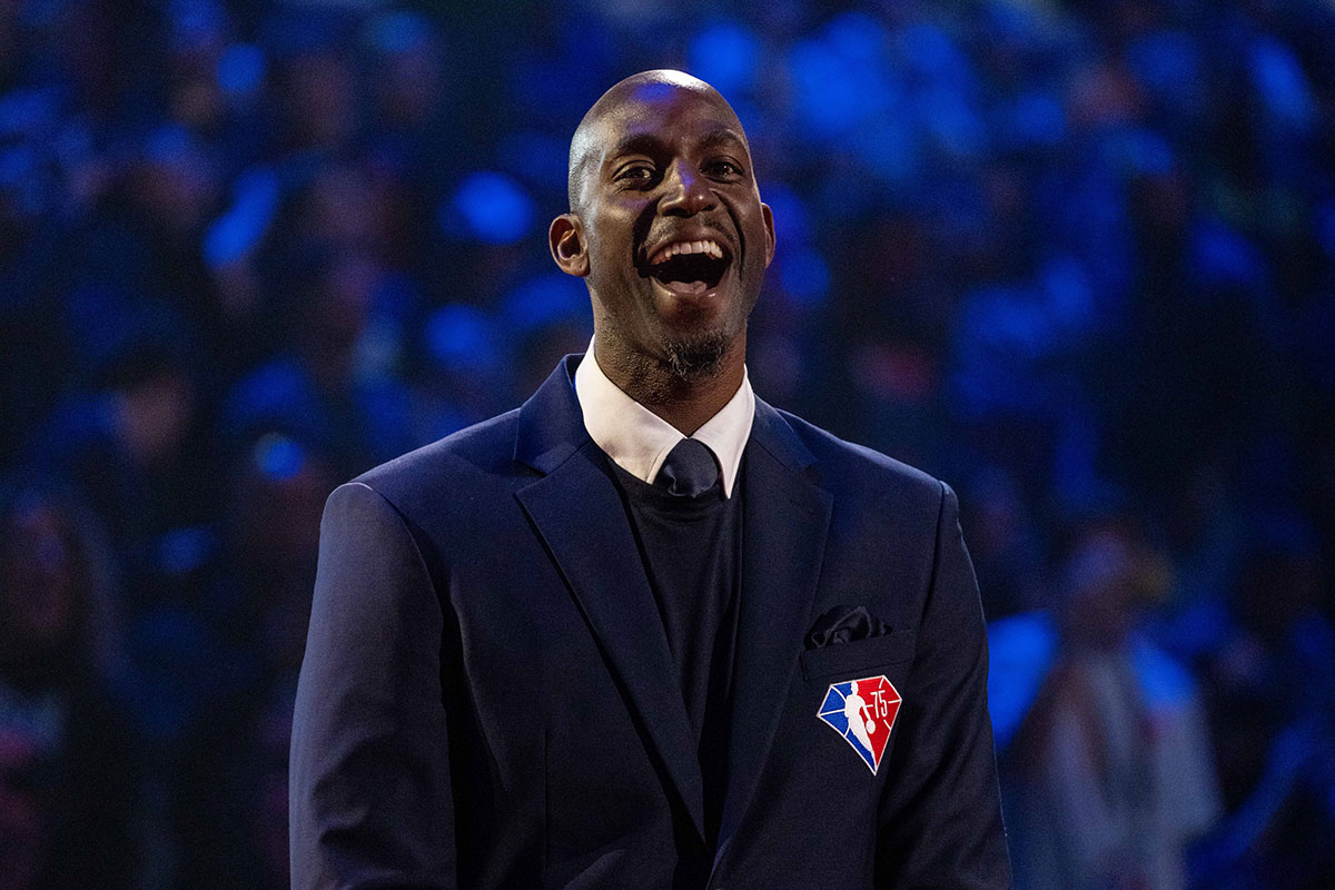  NBA great Kevin Garnett is honored for being selected to the NBA 75th Anniversary Team during halftime in the 2022 NBA All-Star Game at Rocket Mortgage FieldHouse.