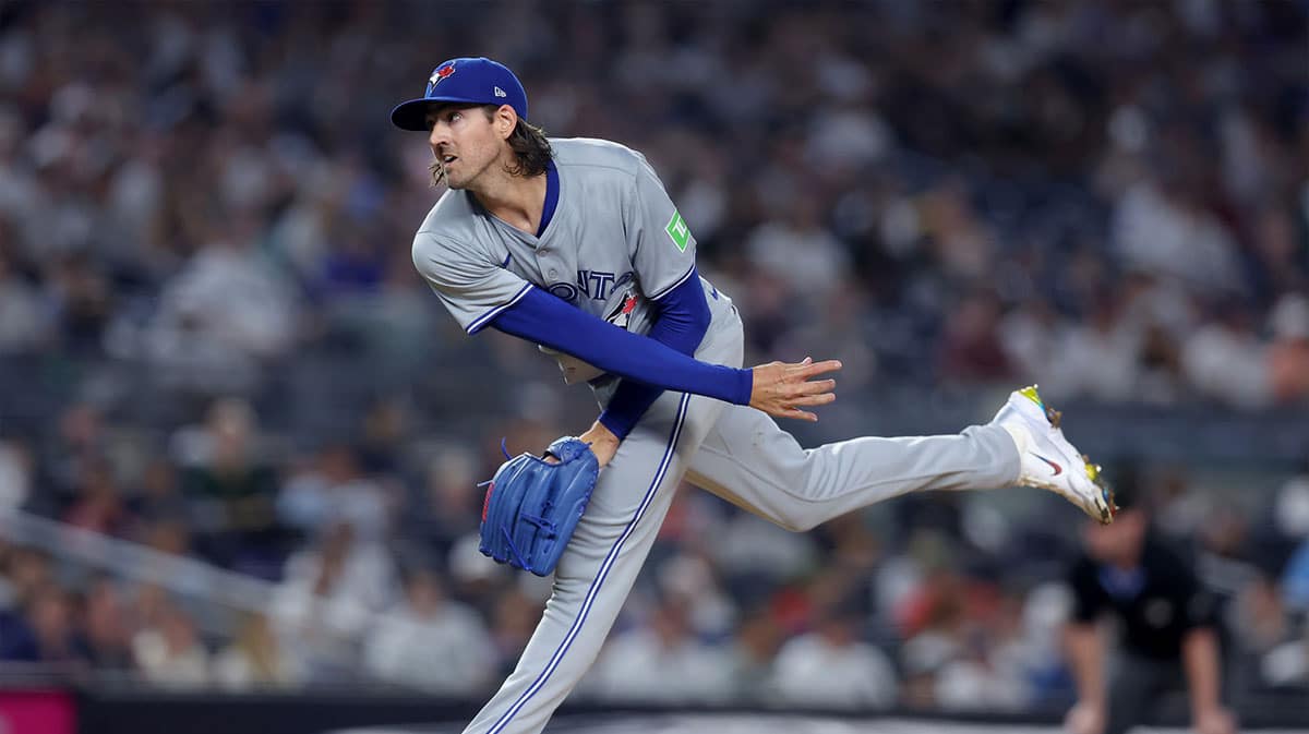 Toronto Blue Jays starting pitcher Kevin Gausman (34) follows through on a pitch against the New York Yankees during the first inning at Yankee Stadium. 