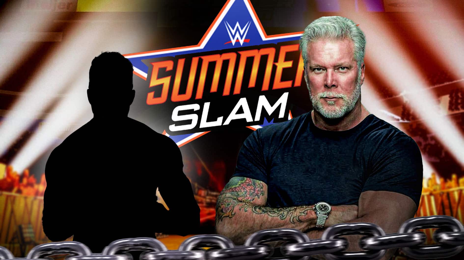 Kevin Nash next to the blacked-out silhouette of LA Knight in front of the SummerSlam logo.