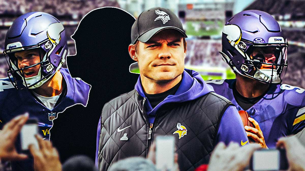 Minnesota Vikings head coach Kevin O'Connell and stars J.J. McCarthy, Sam Darnold, and a silhouetted Nick Mullens in front of U.S. Bank Stadium.