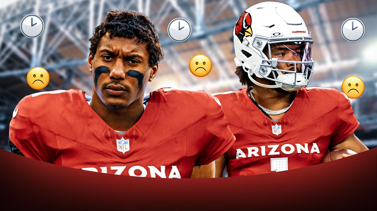 Cardinals' WR Zay Jones (In Cardinals Jersey) and Kyler Murray next to forwny face emojis and clock emojis