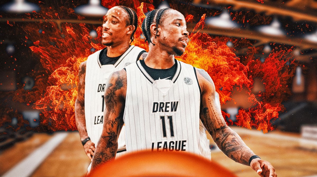 DeMar DeRozan in a Drew League jersey with fire around him and a basketball court in the background.