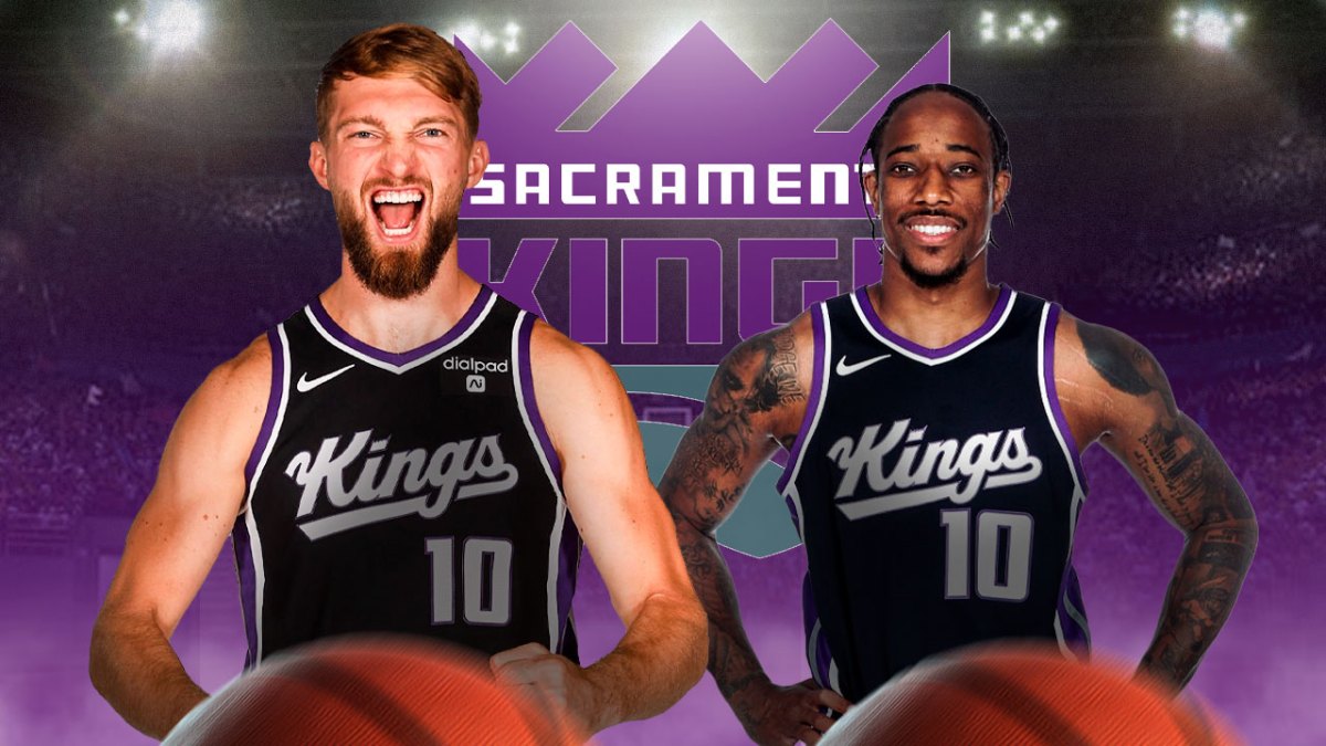 Sacramento Kings Damontas Sabonis and DeMar DeRozan with a Kings logo in between