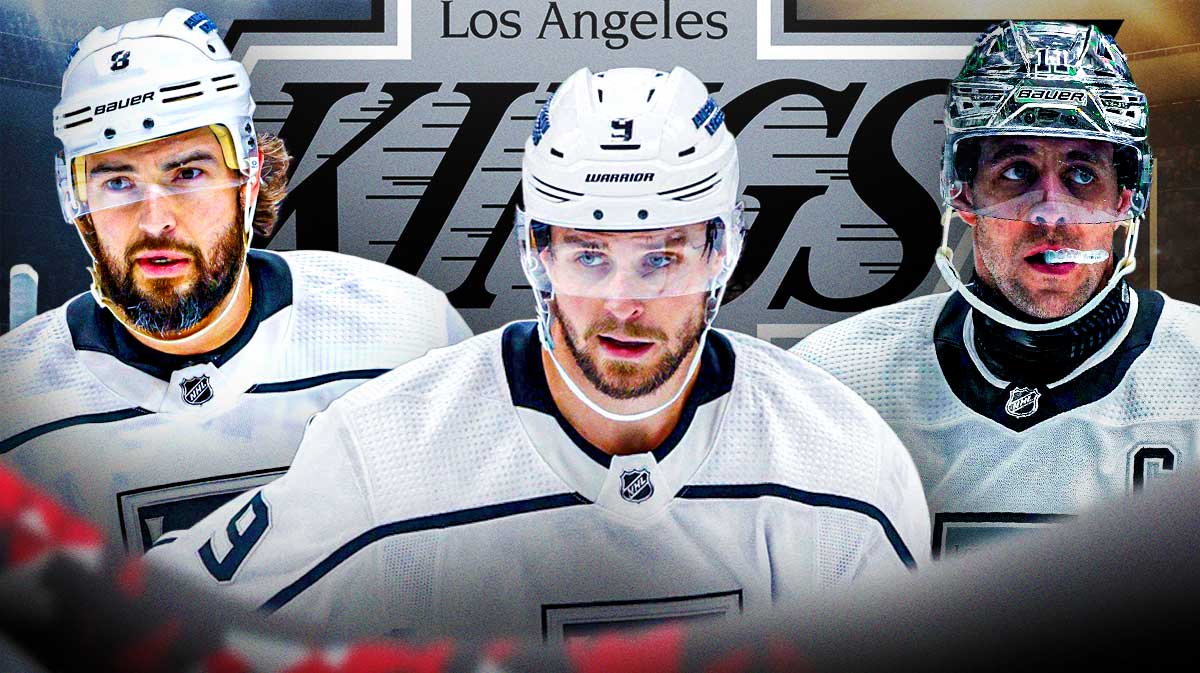 Drew Doughty, Adrian Kempe, and Anze Kopitar in front of a Kings logo.