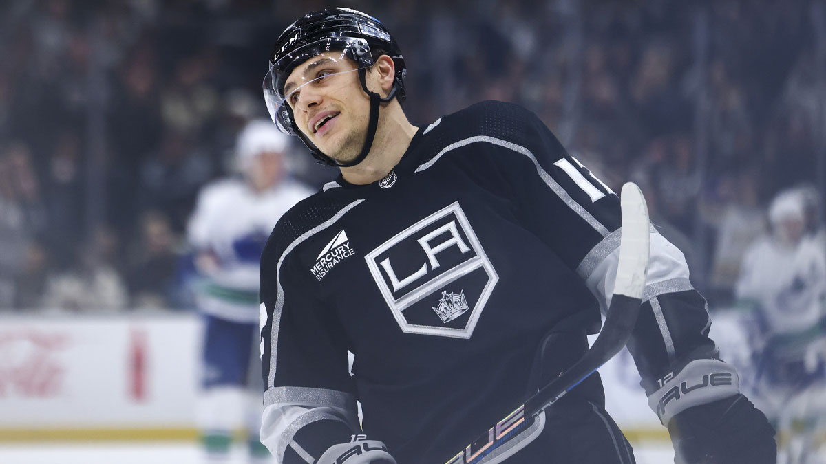 Los Angeles Kings left wing Trevor Moore (12) reacts after scoring a goal during the third period of a game against the Vancouver Canucks at Crypto.com Arena.