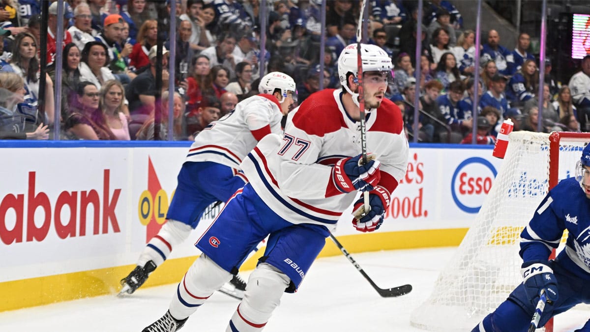 Montreal Canadiens forward Kirby Dach (77) skates up ice against the Toronto Maple Leafs in the third period at Scotiabank Arena. 