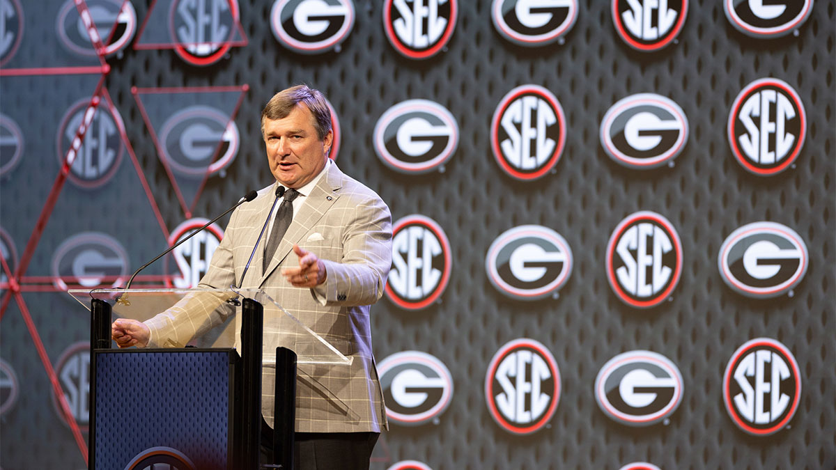 Georgia head coach Kirby Smart speaking at Omni Dallas Hotel.