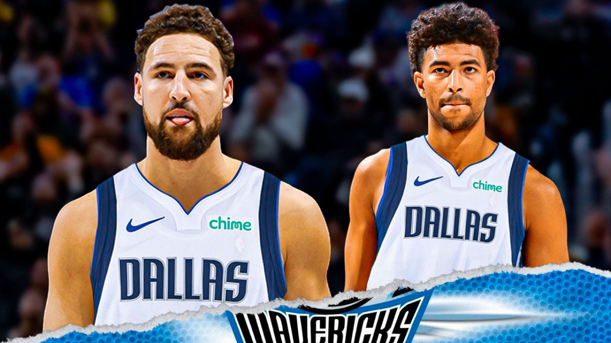 Mavericks' Klay Thompson and Quentin Grimes, American Airlines Center in back
