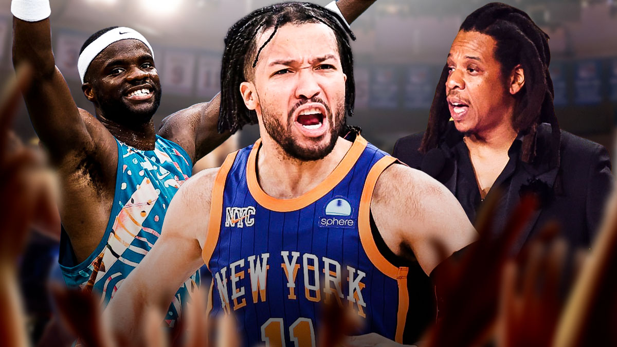 need cutout of Jalen Brunson in a Knicks jersey celebrating. Then need a recent cutout of Jay Z looking surprised. And then need cutout of Frances Tiafoe miling please. Please make the background the inside of Madison Square Garden during a Knicks game.