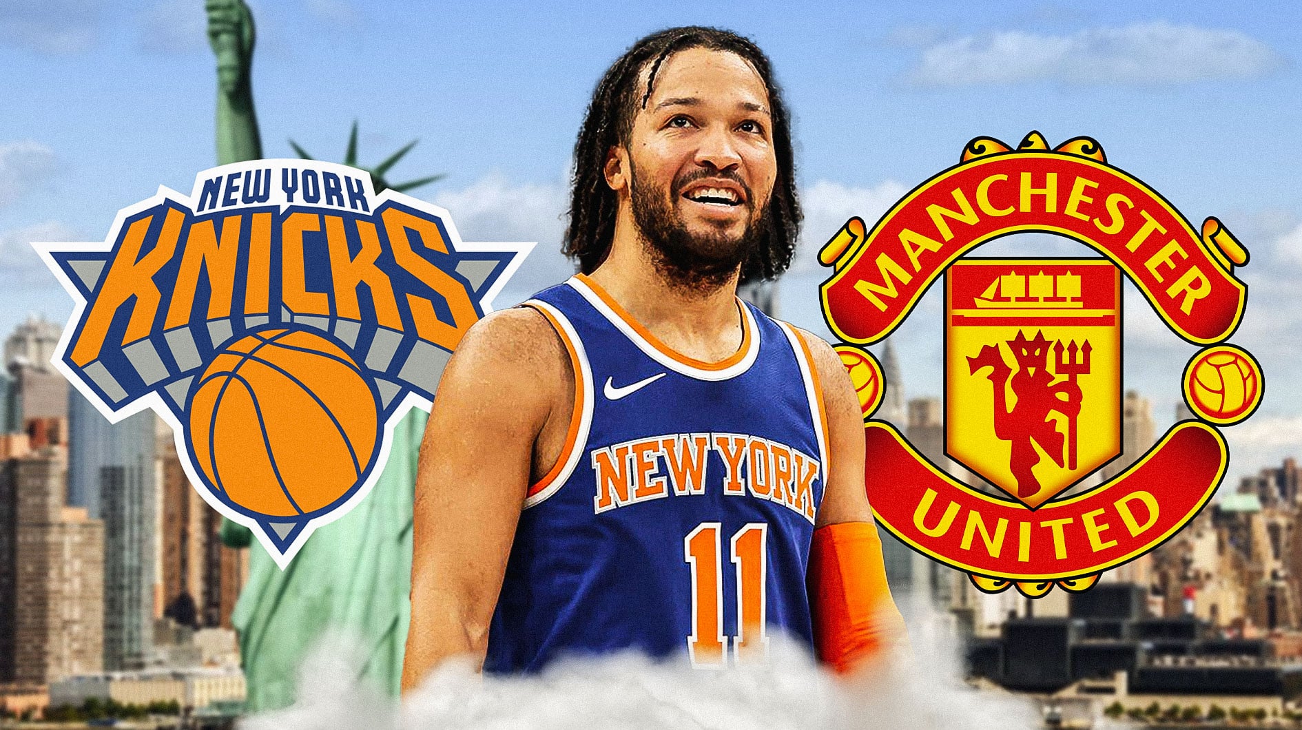 Knicks' Jalen Brunson stands next to Manchester United in jersey