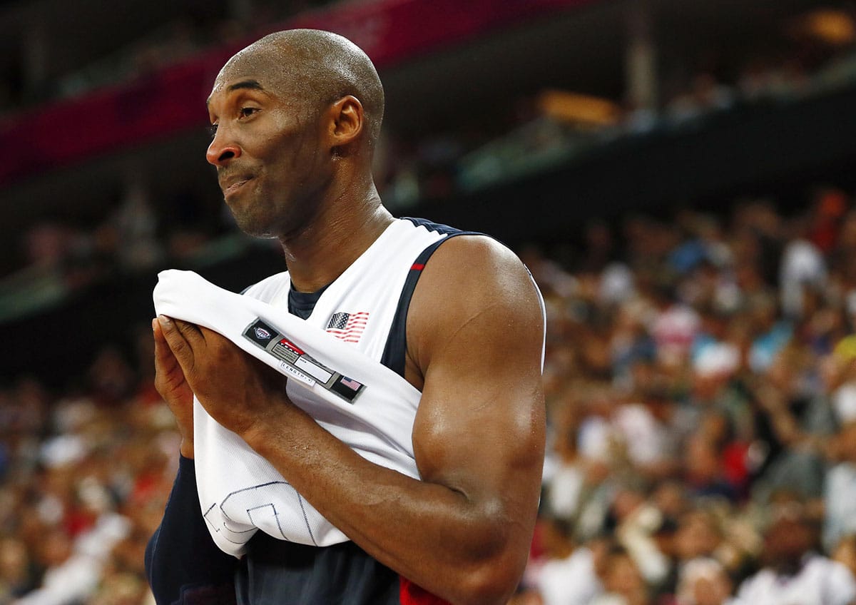 USA guard Kobe Bryant (10) reacts during the men's basketball gold medal game against Spain in the London 2012 Olympic Games at North Greenwich Arena.