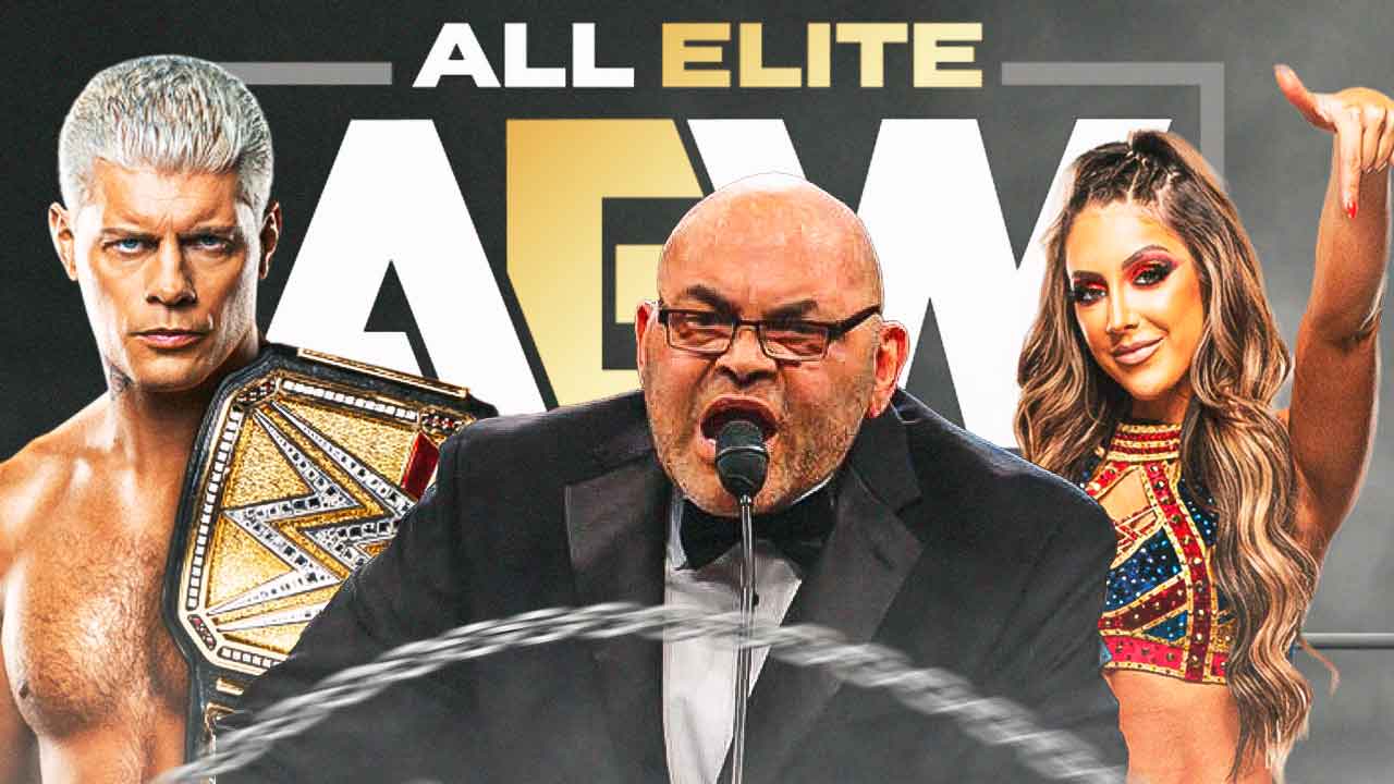 Konnan with Cody Rhodes on his left and Britt Baker on his right with the AEW logo as the background.