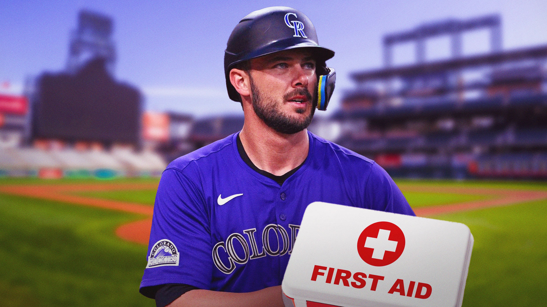 Kris Bryant in a Colorado Rockies uniform with a red and white first aid symbol as Bryant is injured again, the third time the Rockies sent him to the injured list this year.