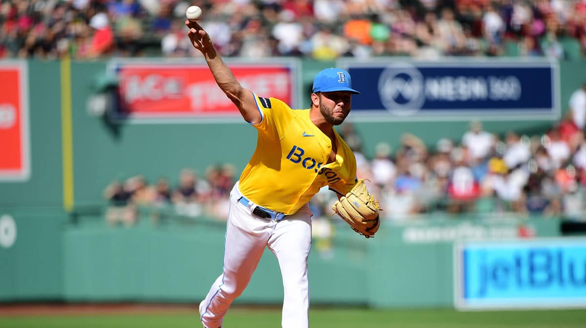 Jul 13, 2024; Boston, Massachusetts, USA; Boston Red Sox starting pitcher Kutter Crawford (50) pitches during the first inning against the Kansas City Royals at Fenway Park. 