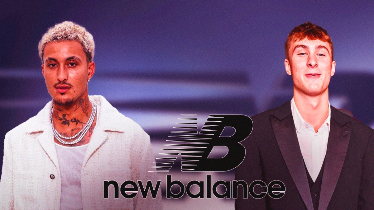Kyle Kuzma beside Cooper Flagg, New Balance logo in the middle.