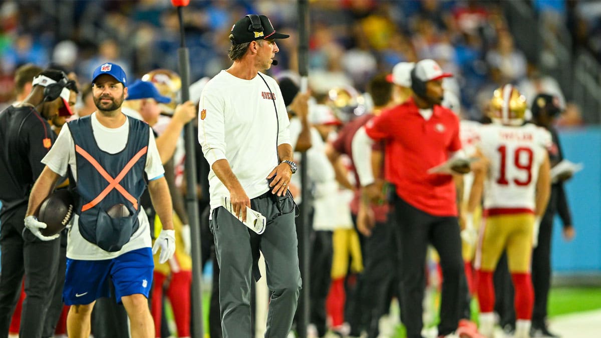 San Francisco 49ers head coach Kyle Shanahan paces the side lines during the second half at Nissan Stadium. 