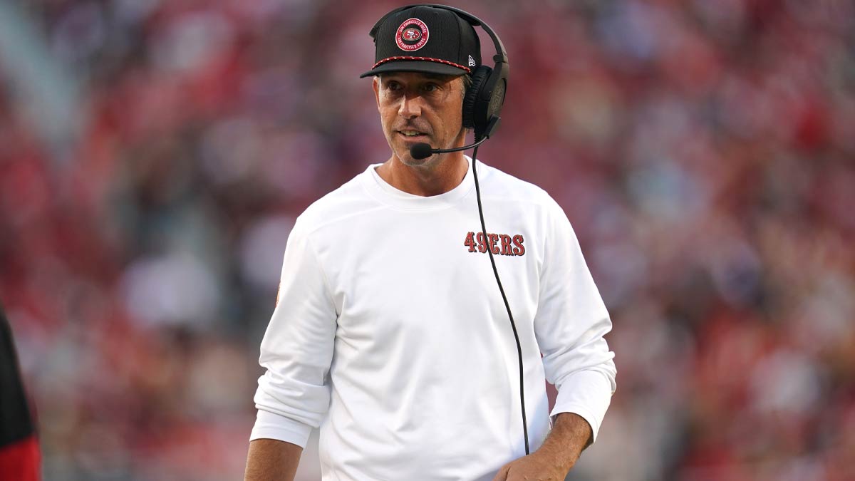 San Francisco 49ers head coach Kyle Shanahan walks down the sideline during action against the New Orleans Saints in the third quarter at Levi's Stadium, prior to answering questions about the Brandon Aiyuk trade