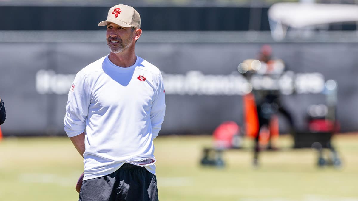 San Francisco 49ers head coach Kyle Shanahan watches during the 49ers rookie minicamp at Levi’s Stadium in Santa Clara, CA.