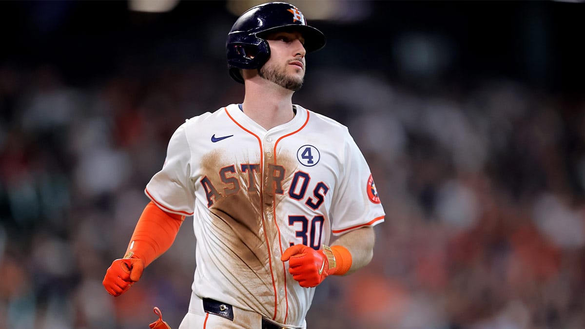 Houston Astros designated hitter Kyle Tucker (30) runs to first base after hitting a single against the Minnesota Twins during the third inning at Minute Maid Park.