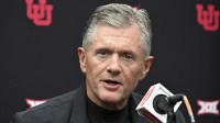 Head coach Kyle Whittingham of Utah speaks to the media during the Big 12 Media Days at Allegiant Stadium.