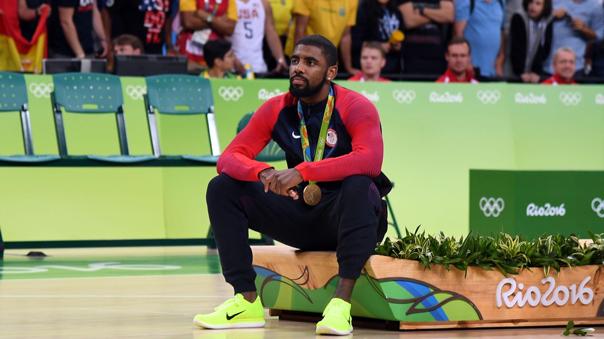 USA guard Kyrie Irving (10) after winning the gold medal in the men's gold game during the during the Rio 2016 Summer Olympic Games at Carioca Arena 1.