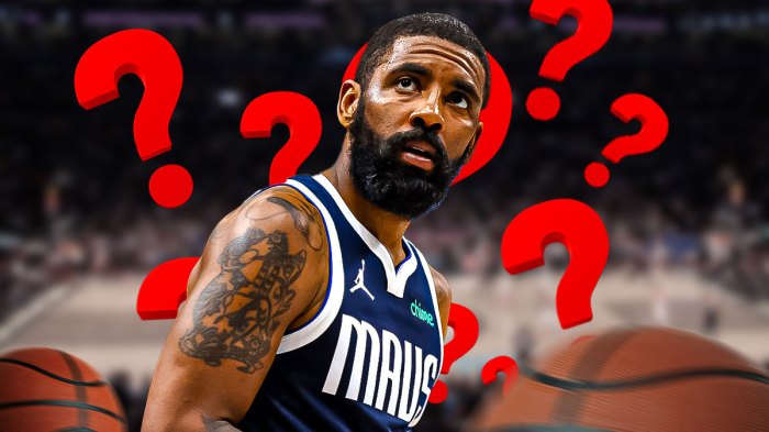 Mavericks Kyrie Irving in image with question marks everywhere.