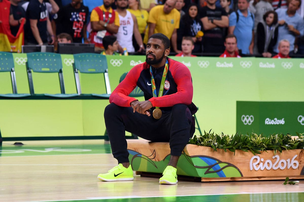 USA guard Kyrie Irving (10) after winning the gold medal in the men's gold game during the during the Rio 2016 Summer Olympic Games at Carioca Arena 1.