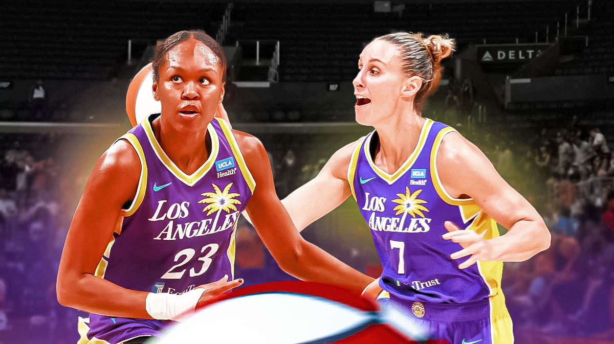 LA Sparks players Azura Stevens and Stephanie Talbot with the LA Sparks arena in the background, contract